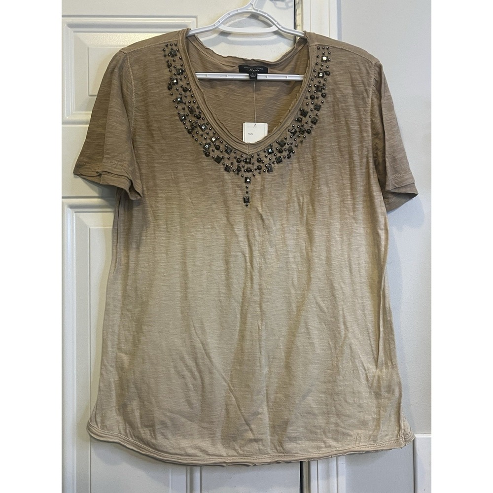 NWT Spense Knits Women Large Oyster Ombre Studded Embellished V-Neck Tee Shirt